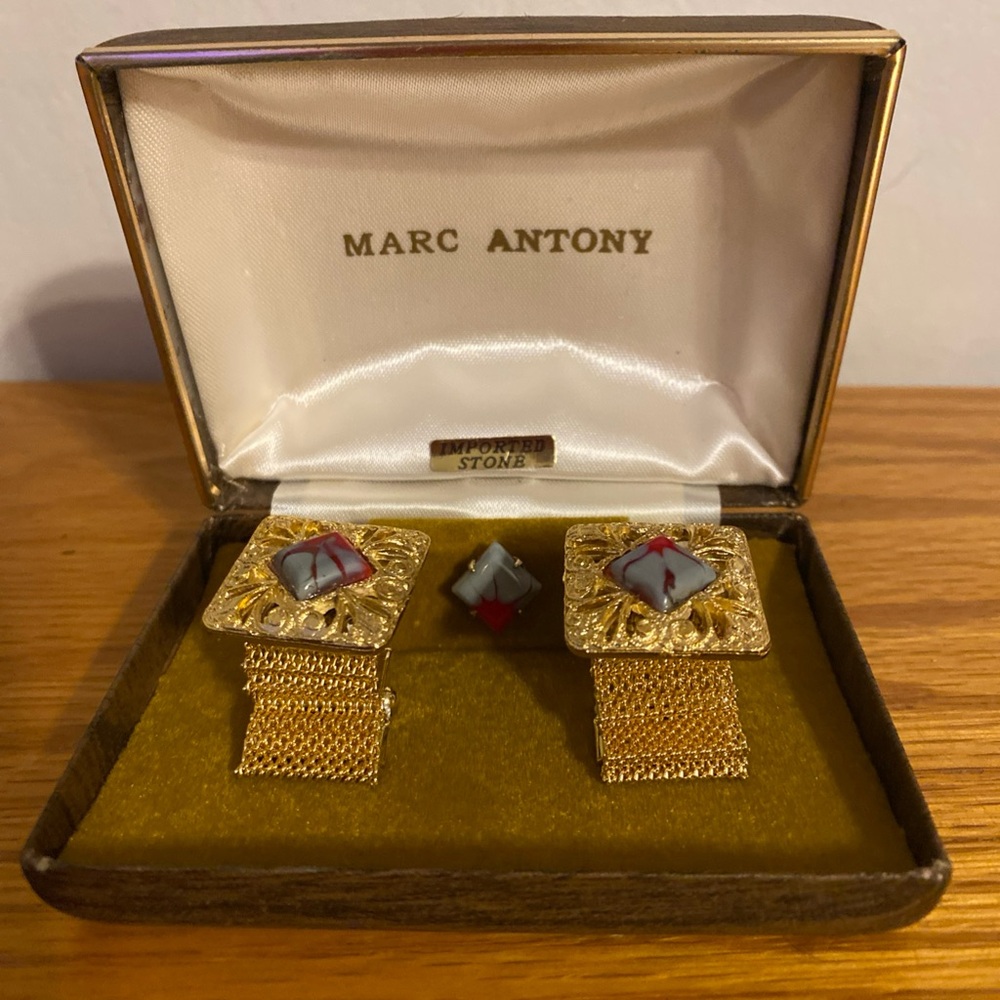 Vintage Marc Antony Gold Tone Cufflinks with Tie Tack Imported Stones